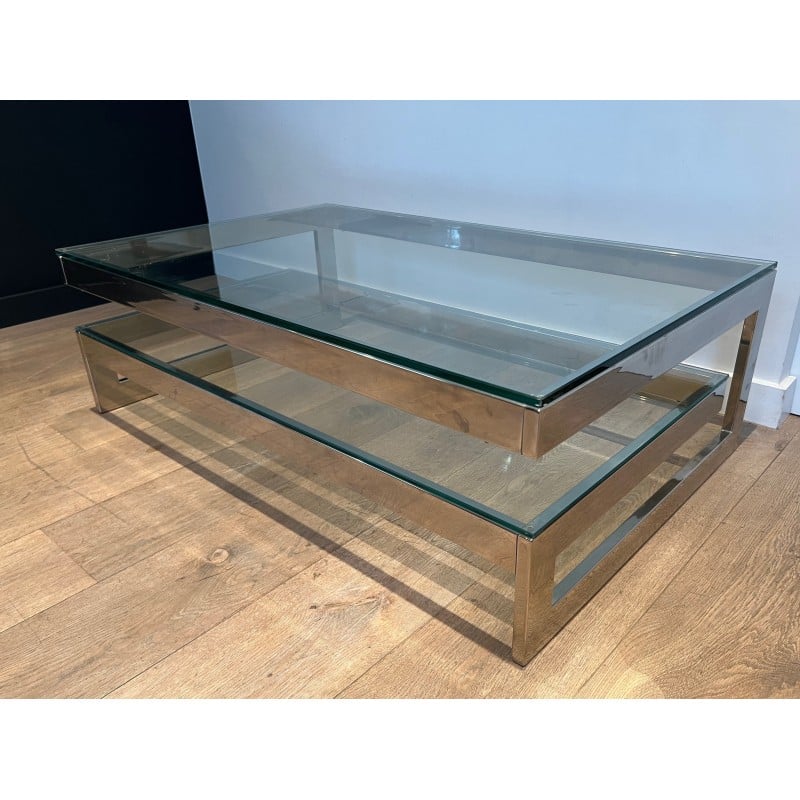 Vintage chrome coffee table with double glass slab, 1970