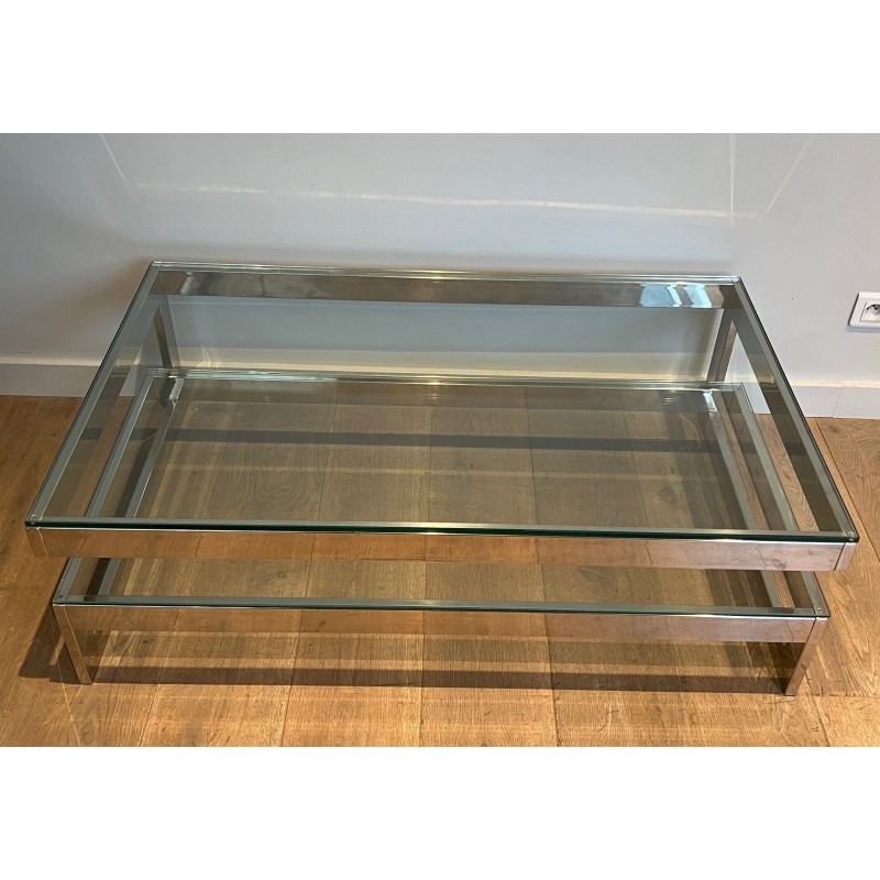 Vintage chrome coffee table with double glass slab, 1970