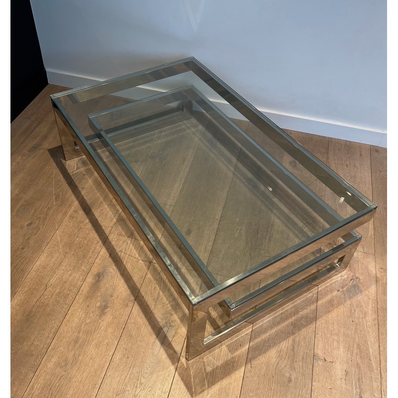 Table basse vintage chromée à double dalle de verre, 1970