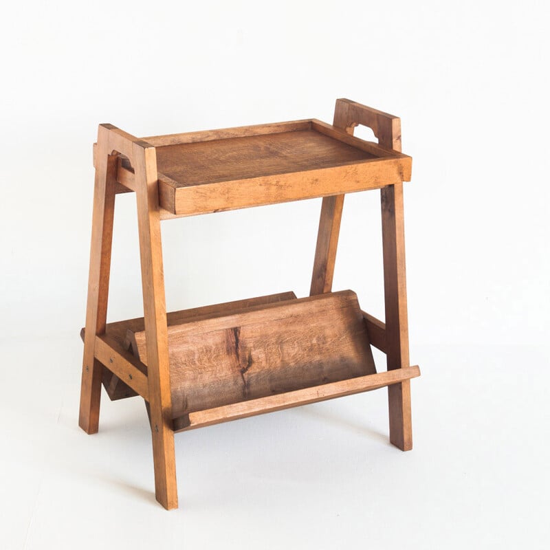 Vintage teak side table with magazine rack and removable top, France 1950