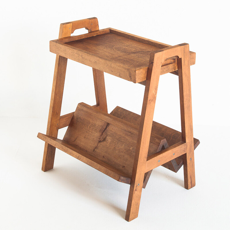 Vintage teak side table with magazine rack and removable top, France 1950