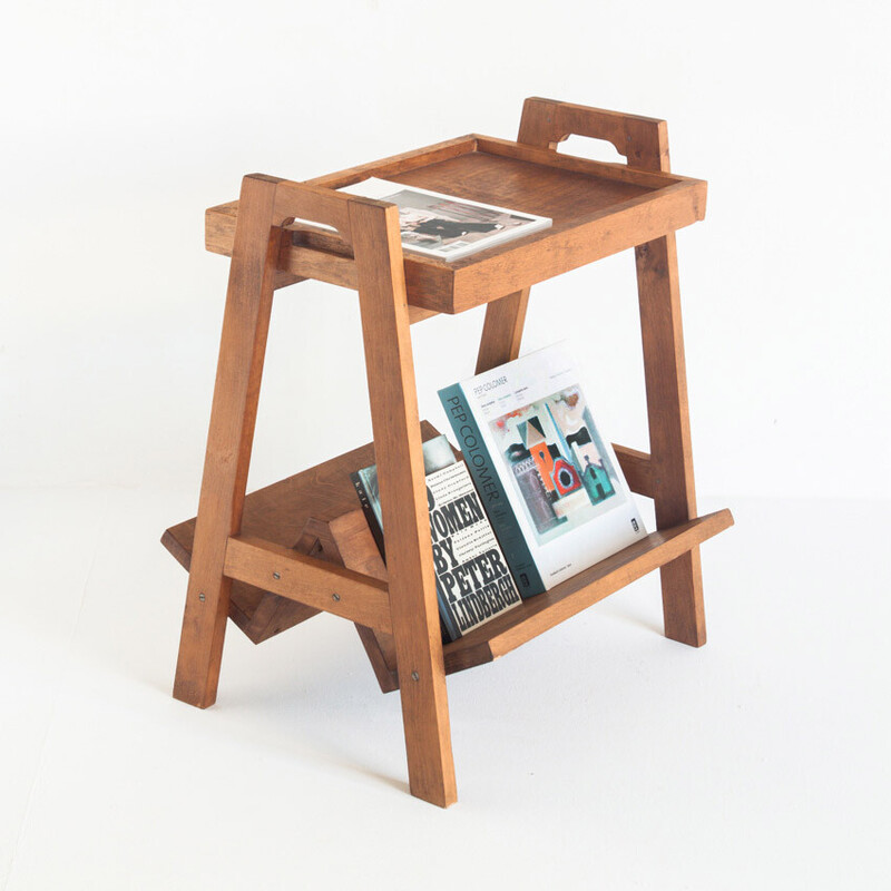 Vintage teak side table with magazine rack and removable top, France 1950