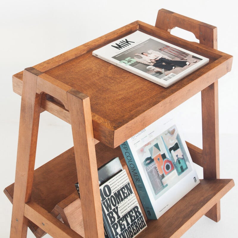 Vintage teak side table with magazine rack and removable top, France 1950