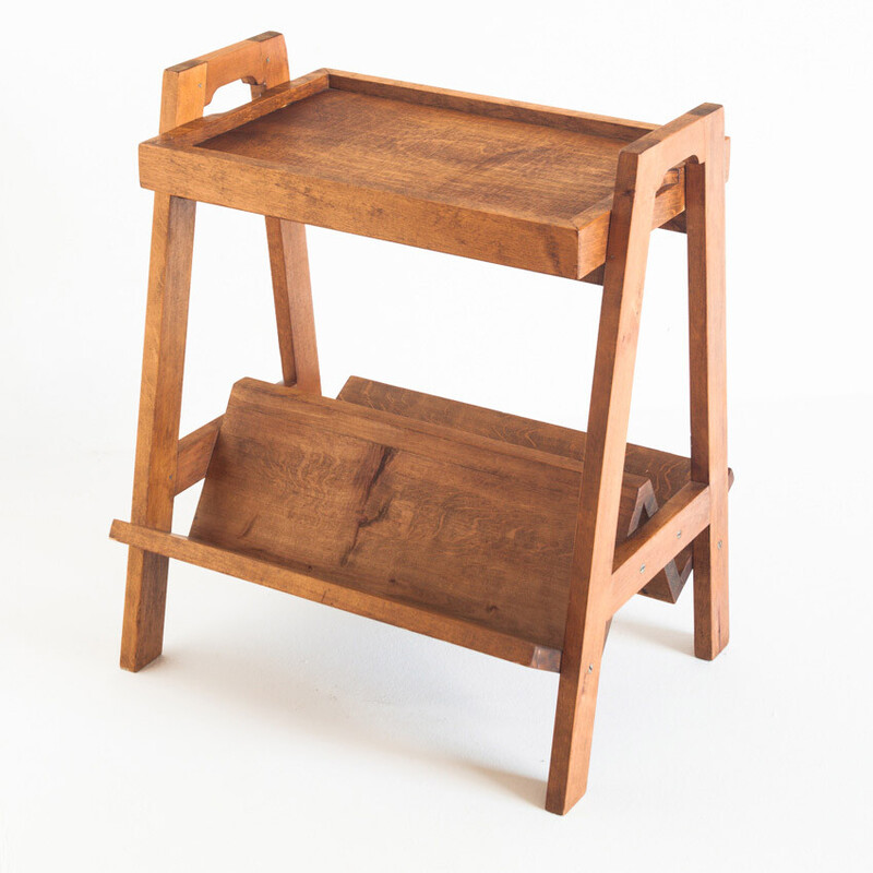 Vintage teak side table with magazine rack and removable top, France 1950