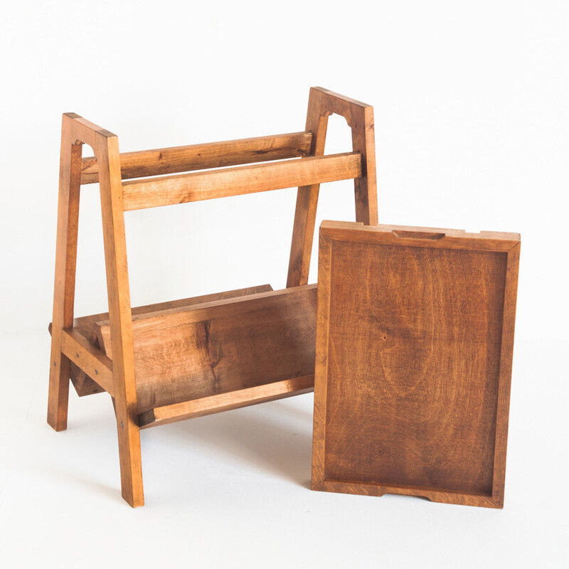 Vintage teak side table with magazine rack and removable top, France 1950