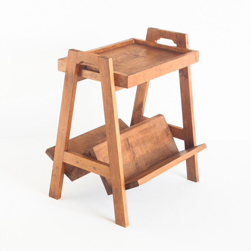 Vintage teak side table with magazine rack and removable top, France 1950