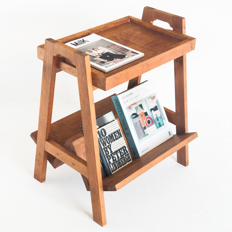 Vintage teak side table with magazine rack and removable top, France 1950