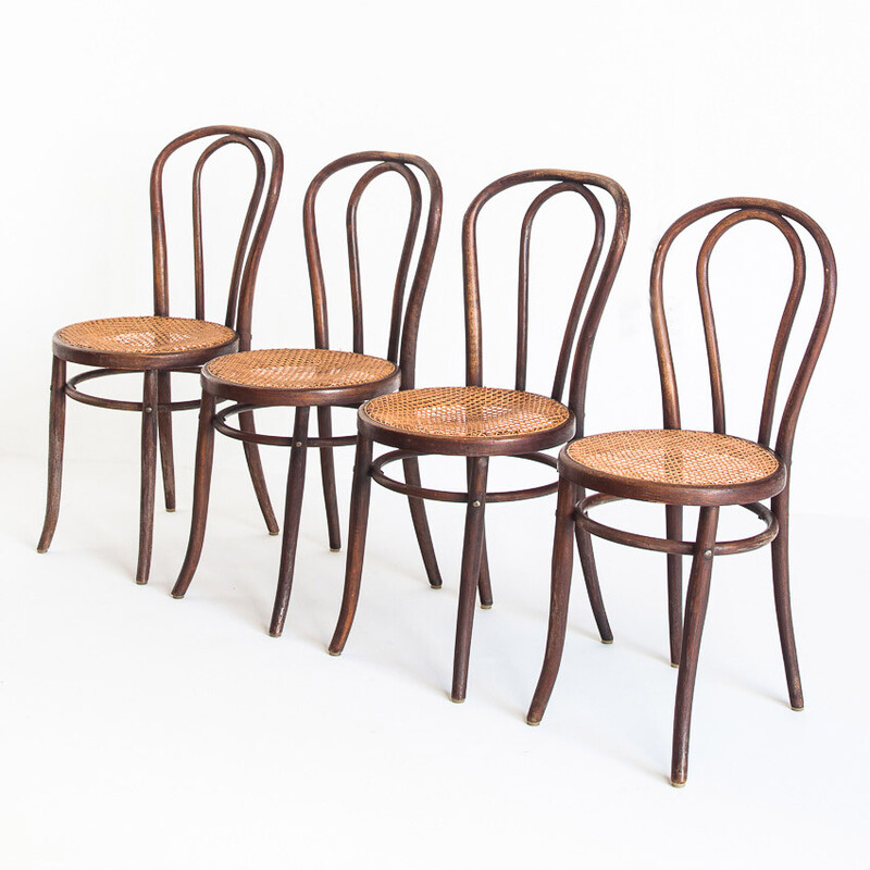 Satz von 4 Vintage-Stühlen aus gebogenem Holz und Rohrgeflecht, Frankreich 1950