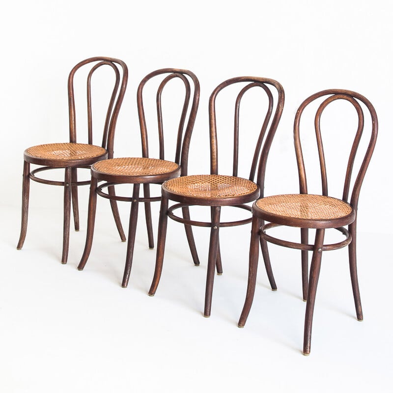 Set of 4 vintage chairs in bentwood and cane, France 1950