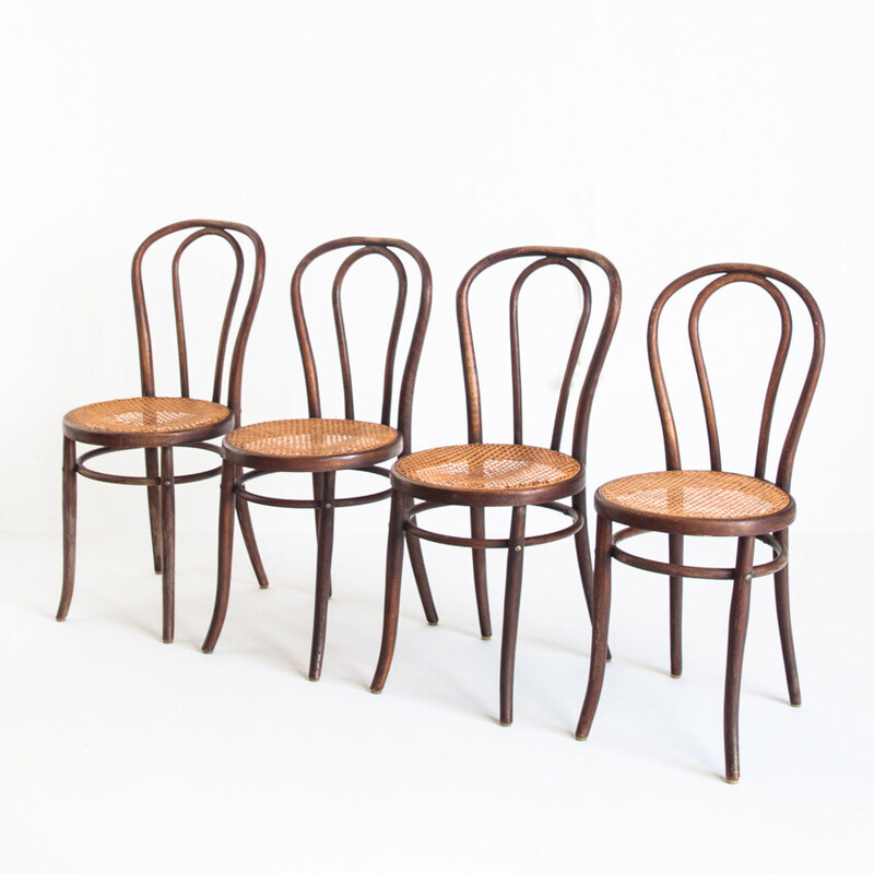 Set of 4 vintage chairs in bentwood and cane, France 1950