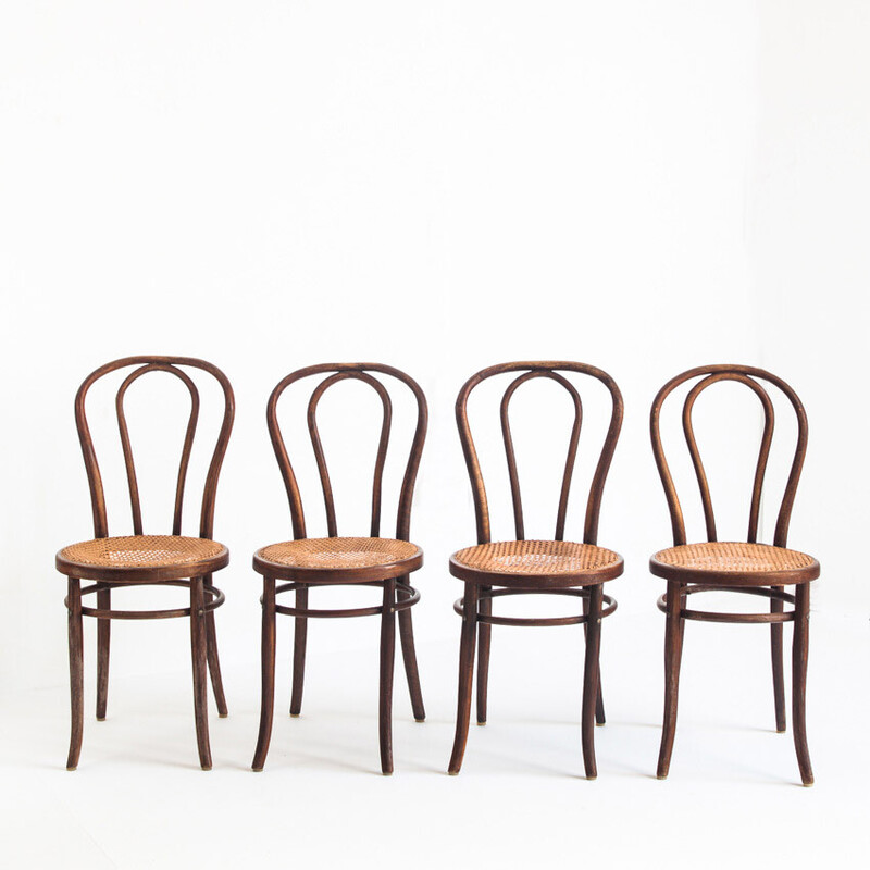 Ensemble de 4 chaises vintage en bois courbé et cannage, France 1950