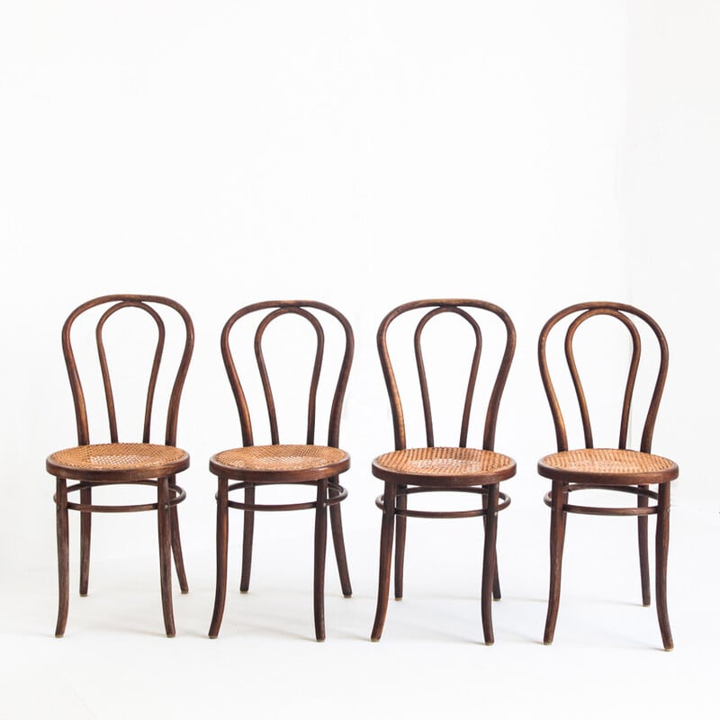 Set of 4 vintage chairs in bentwood and cane, France 1950