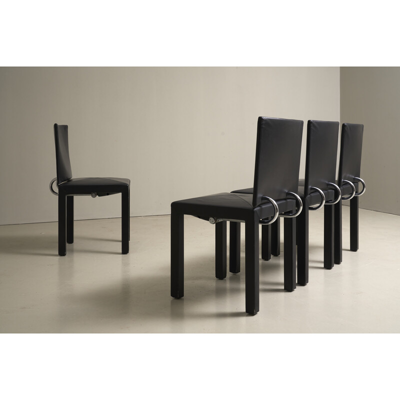 Set of 4 vintage Arcadia chairs in black leather and chrome by Paolo Piva for B and B Italia