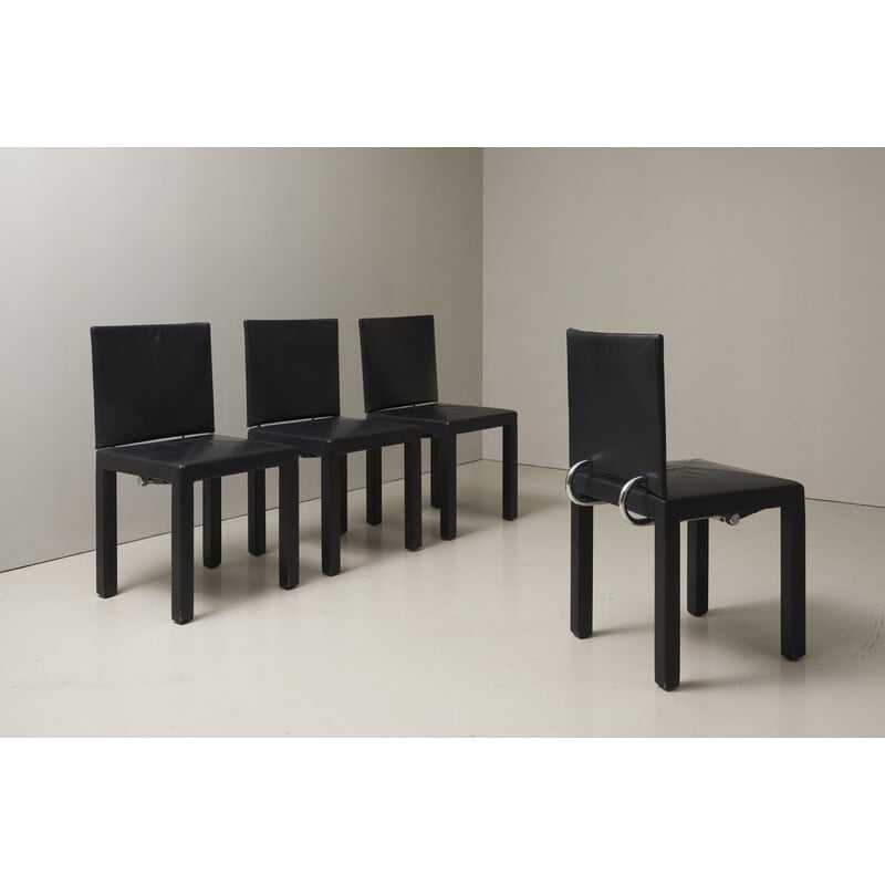 Ensemble de 4 chaises vintage Arcadia en cuir noir et chrome par Paolo Piva pour B and B Italia
