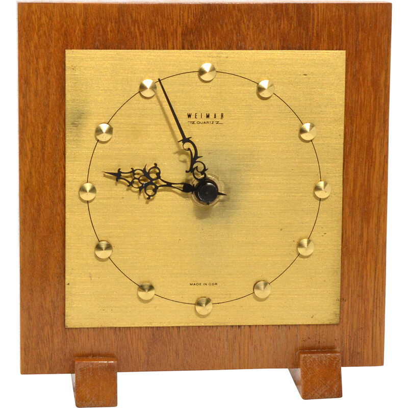 Vintage brass and teak mantel clock for Weimar, Germany 1970s