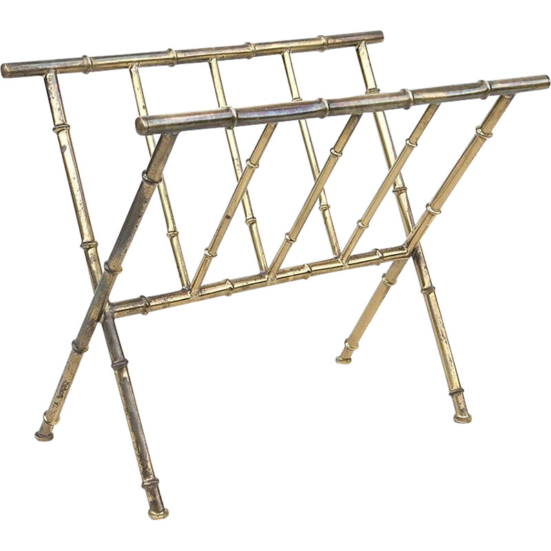 Mid-century Danish brass and bamboo magazine rack, 1960-1970s