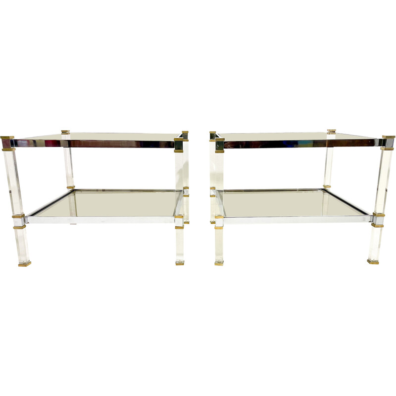 Pareja de mesas auxiliares vintage de latón y cristal, 1970