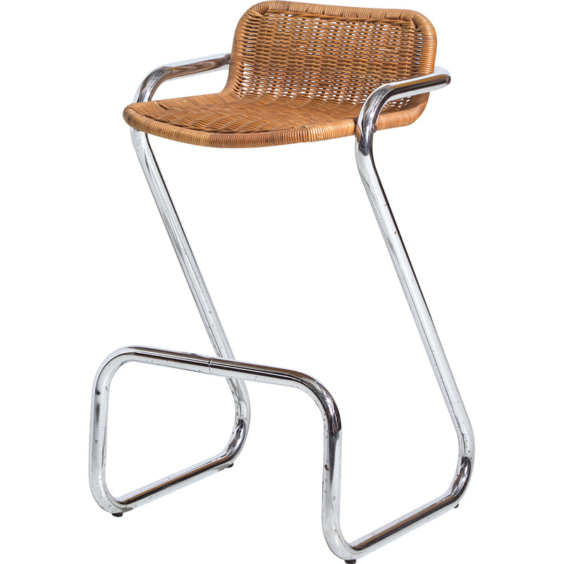 Vintage tube and wicker bar stool, Italy 1970s