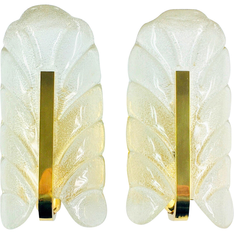 Pair of vintage Scandinavian glass and brass leaf wall lamps by Carl Fagerlund, 1960s