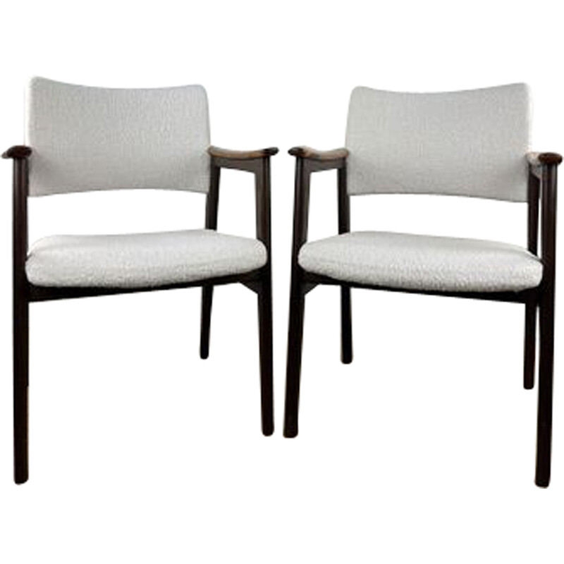 Pareja de sillones escandinavos vintage de madera maciza y bouclette blanca, 1960