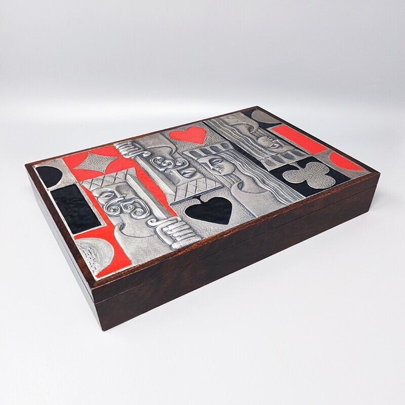 Alte Spielkartenschachtel aus Sterlingsilber, Emaille und Holz von Ottaviani, Italien 1960er Jahre