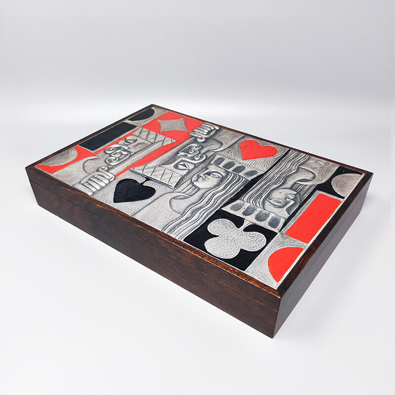 Caja de naipes vintage de plata de ley, esmalte y madera, Ottaviani, Italia Años 60