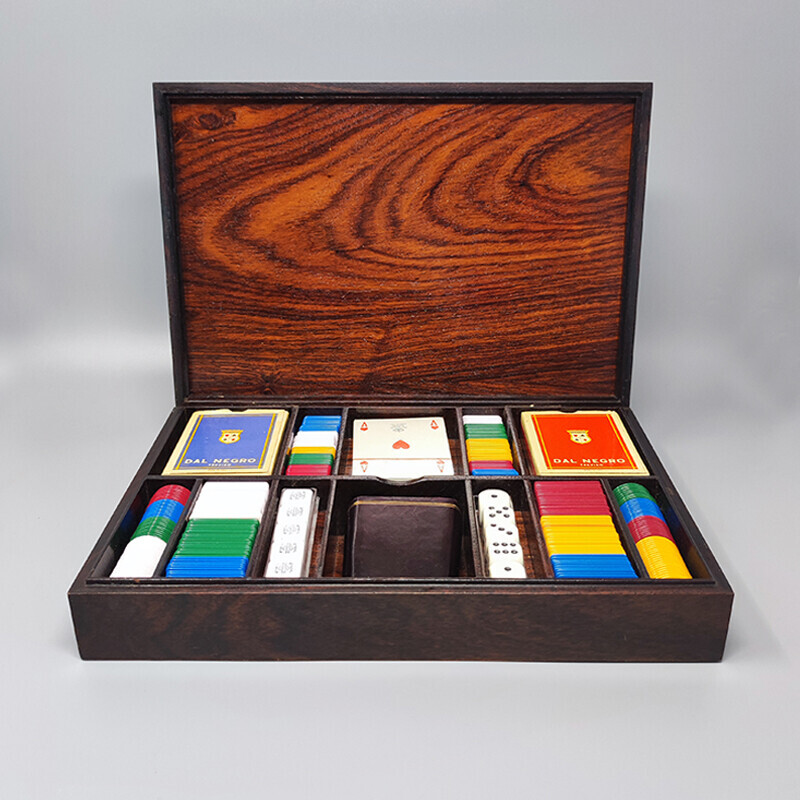 Scatola di carte da gioco vintage in argento, smalto e legno di Ottaviani, Italia 1960