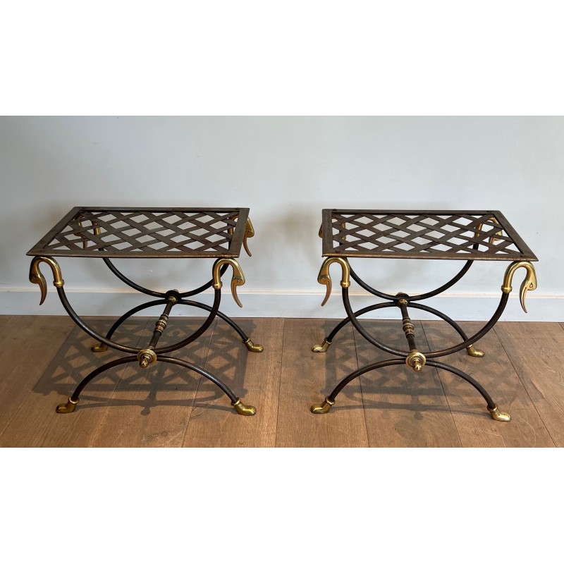 Pair of vintage ornate steel and brass stools, France 1940s