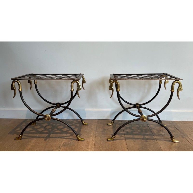 Pair of vintage ornate steel and brass stools, France 1940s