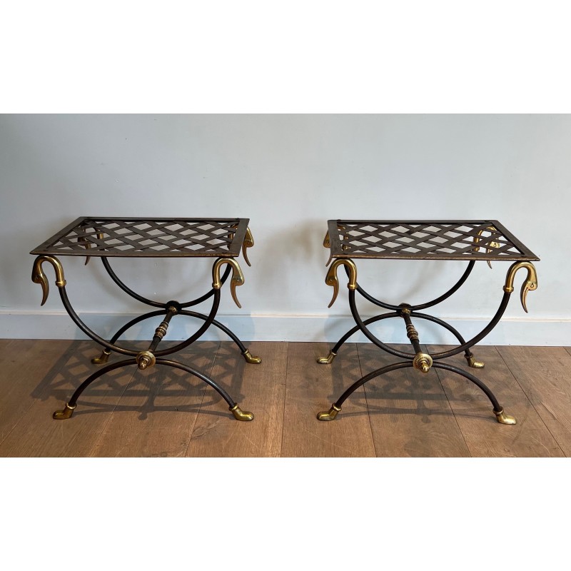 Pair of vintage ornate steel and brass stools, France 1940s