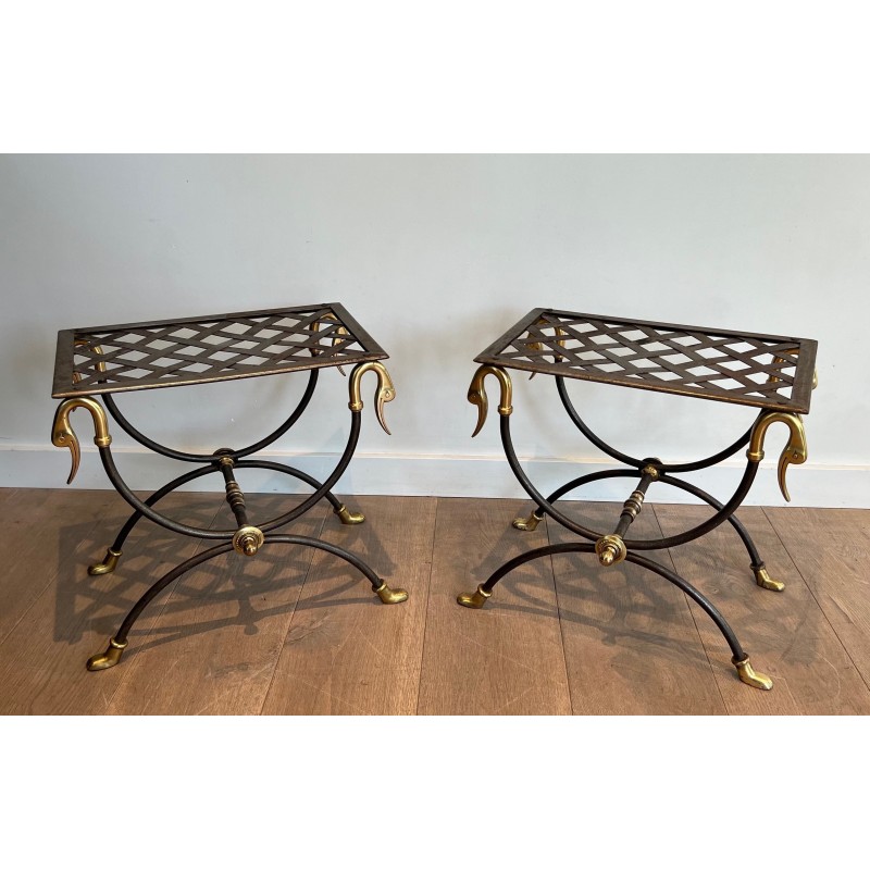 Pair of vintage ornate steel and brass stools, France 1940s