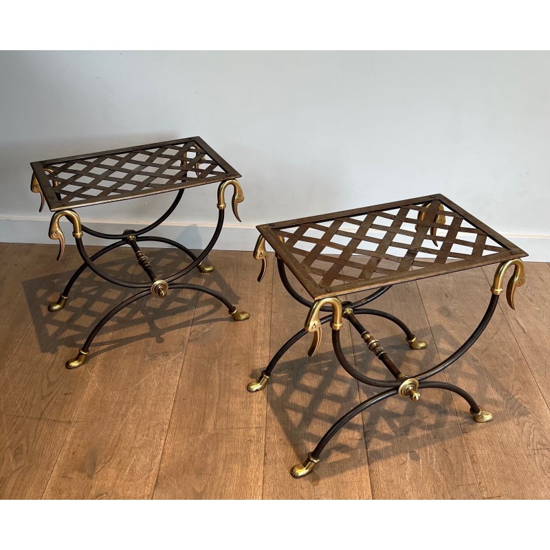 Pair of vintage ornate steel and brass stools, France 1940s
