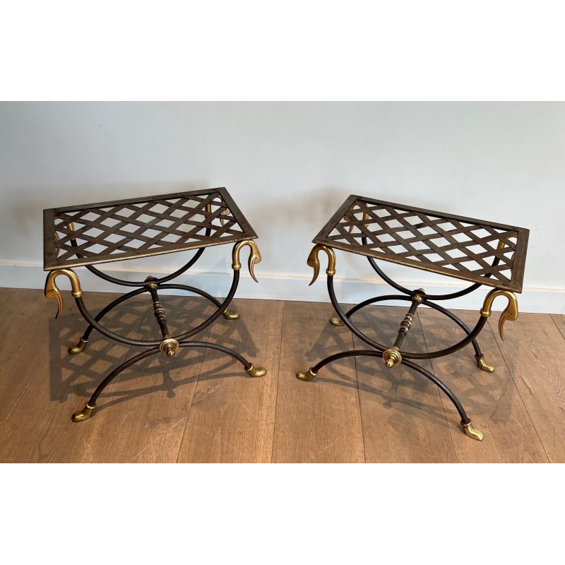 Pair of vintage ornate steel and brass stools, France 1940s