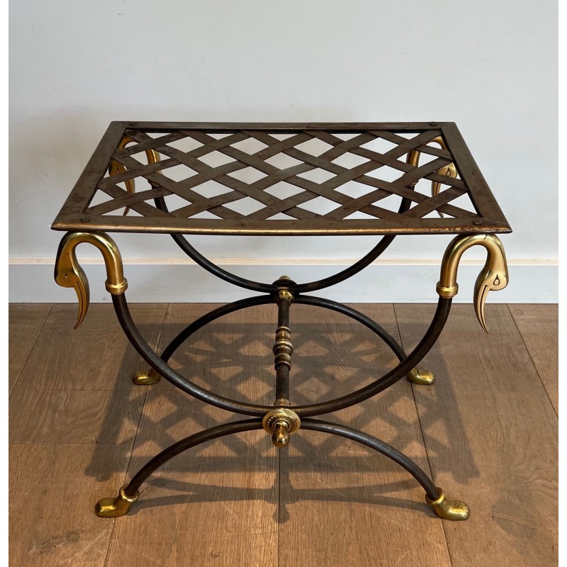 Pair of vintage ornate steel and brass stools, France 1940s