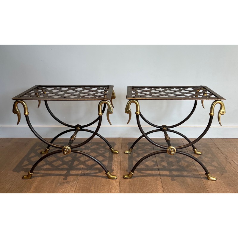 Pair of vintage ornate steel and brass stools, France 1940s