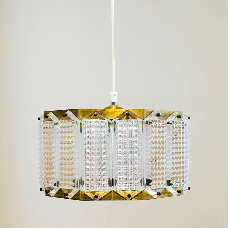 Lámpara colgante vintage de cristal y latón de Carl Fagerlund para Orrefors, Suecia 1960