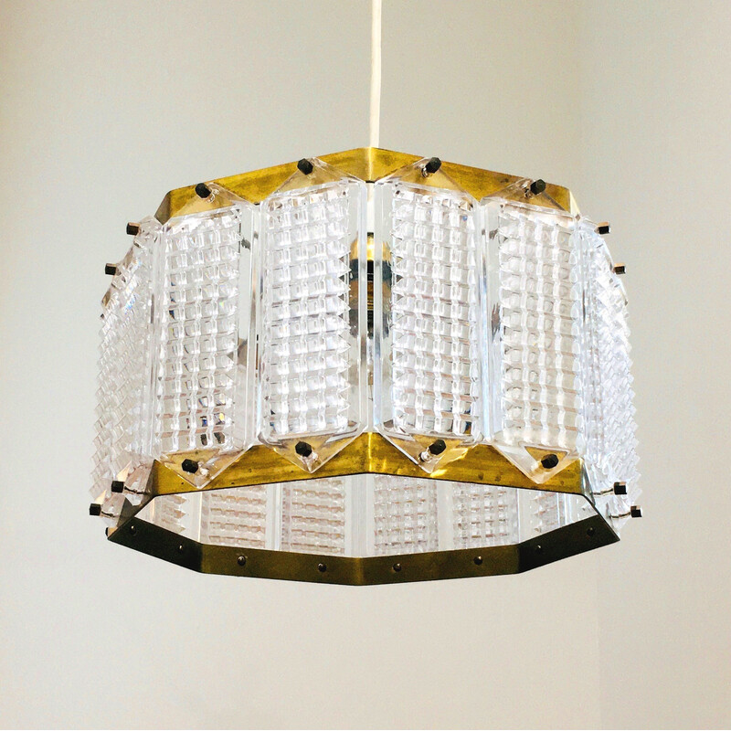 Vintage glass and brass pendant lamp by Carl Fagerlund for Orrefors, Sweden 1960