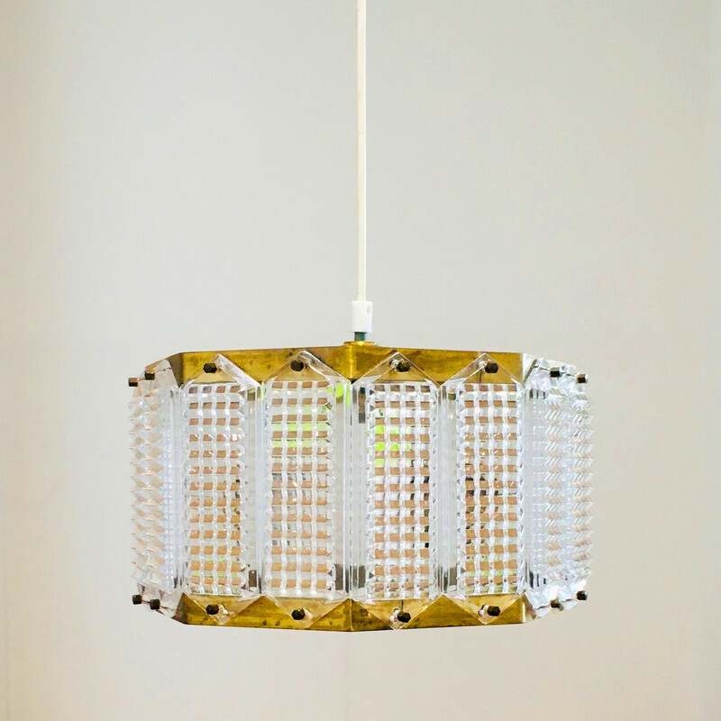 Vintage glass and brass pendant lamp by Carl Fagerlund for Orrefors, Sweden 1960