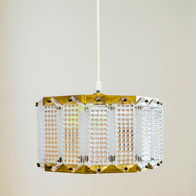 Vintage glass and brass pendant lamp by Carl Fagerlund for Orrefors, Sweden 1960