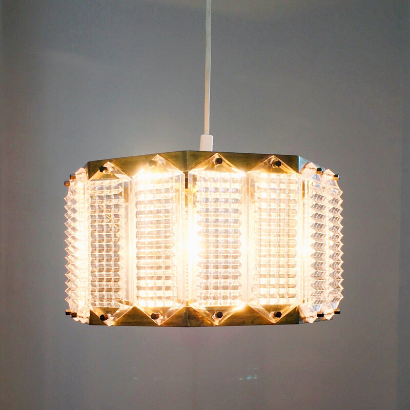 Vintage glass and brass pendant lamp by Carl Fagerlund for Orrefors, Sweden 1960