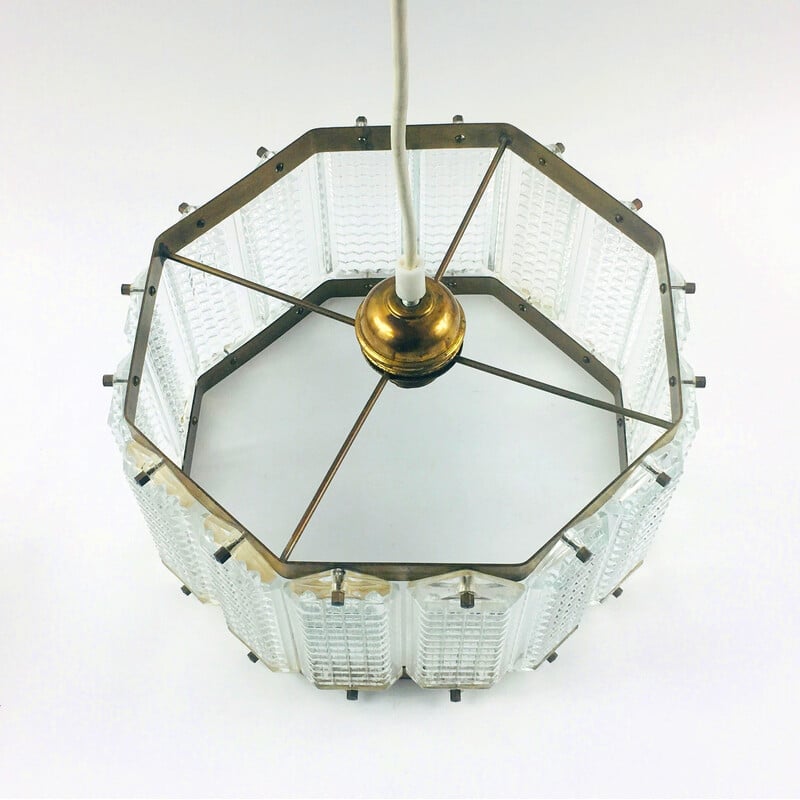 Suspension vintage en verre et laiton par Carl Fagerlund pour Orrefors, Suède 1960