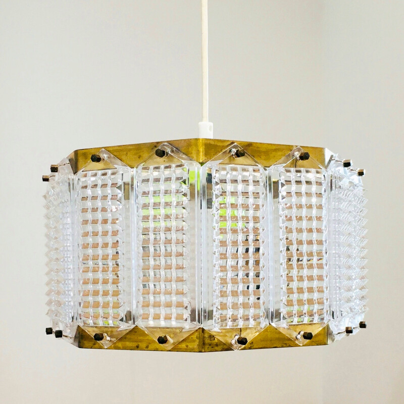 Vintage glass and brass pendant lamp by Carl Fagerlund for Orrefors, Sweden 1960