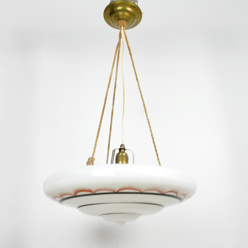 Vintage art deco pendant lamp in glass and brass, Poland 1960