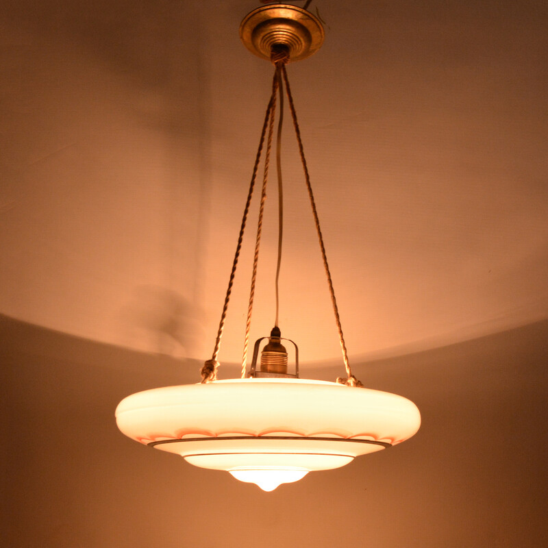 Vintage art deco pendant lamp in glass and brass, Poland 1960