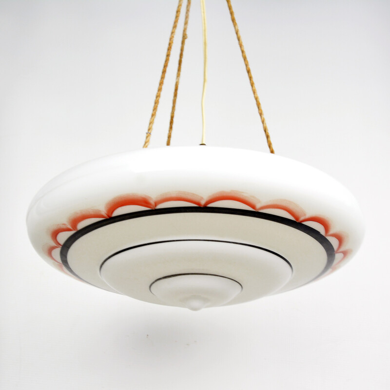 Vintage art deco pendant lamp in glass and brass, Poland 1960