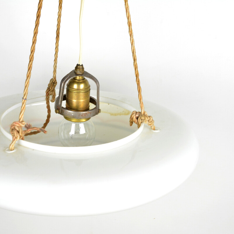 Vintage art deco pendant lamp in glass and brass, Poland 1960