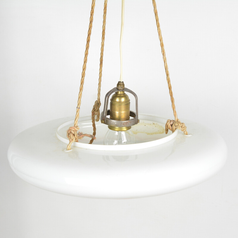 Vintage art deco pendant lamp in glass and brass, Poland 1960