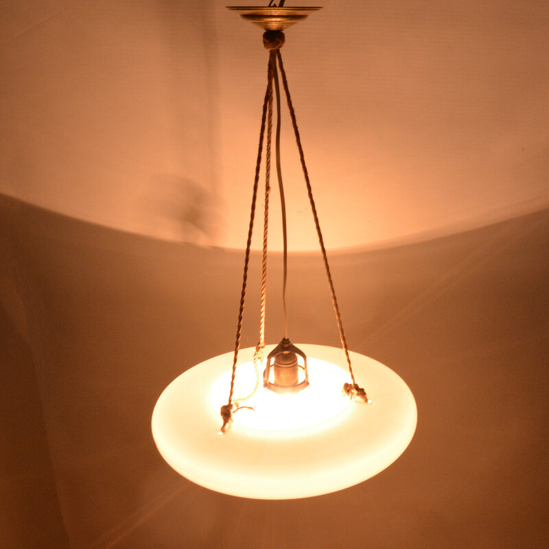 Vintage art deco pendant lamp in glass and brass, Poland 1960