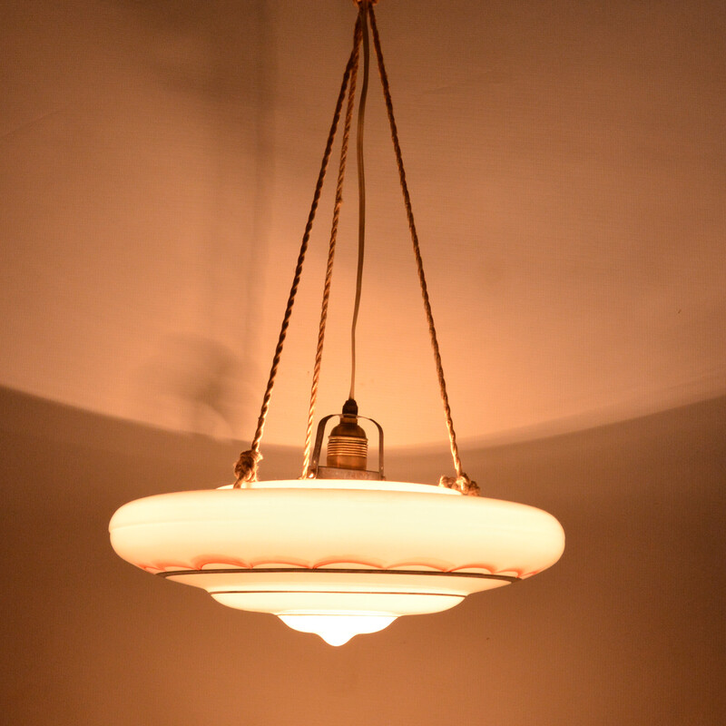 Vintage art deco pendant lamp in glass and brass, Poland 1960