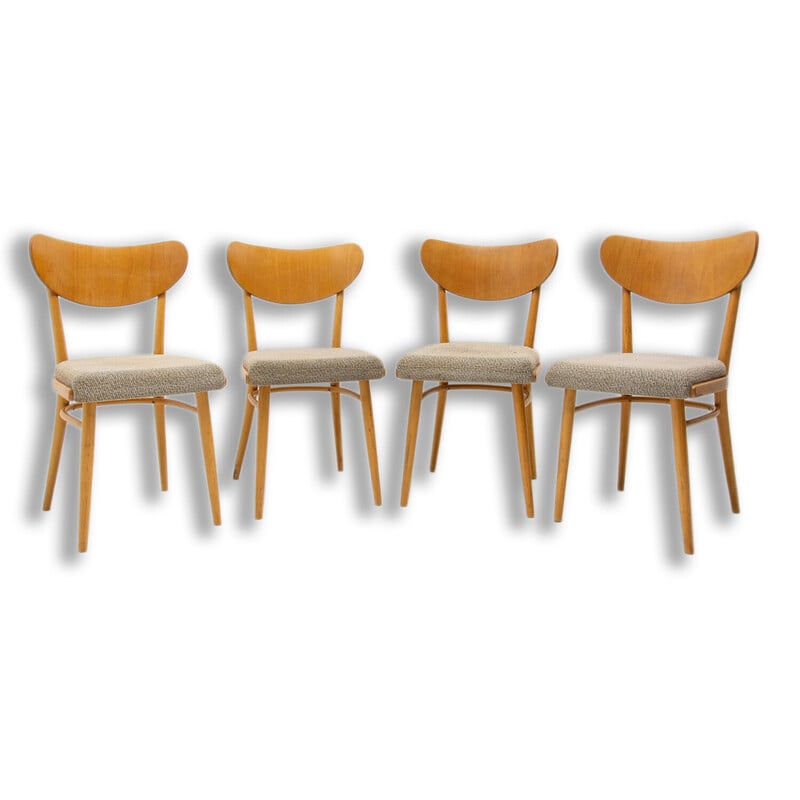 Set of 4 vintage chairs in beech and fabric, Czechoslovakia 1960